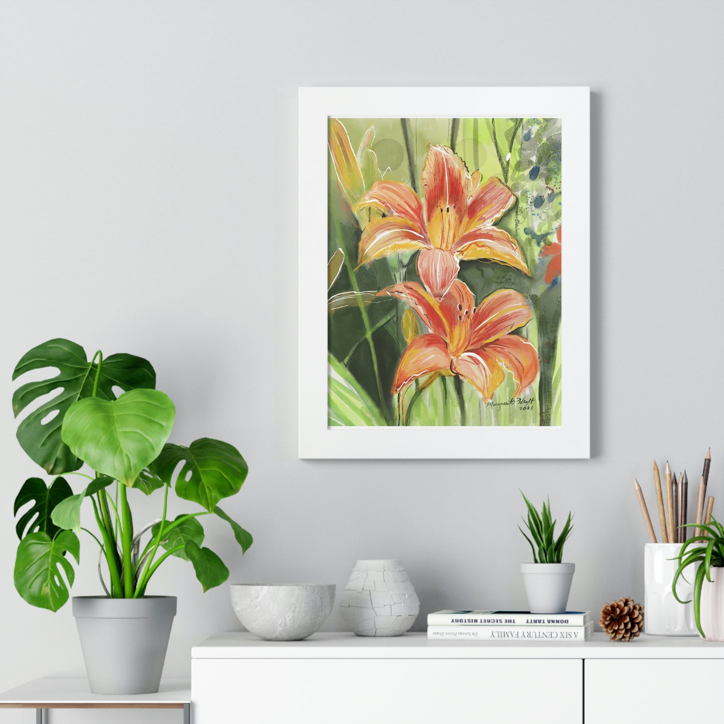 Framed Vertical Poster - Orange field of flowers