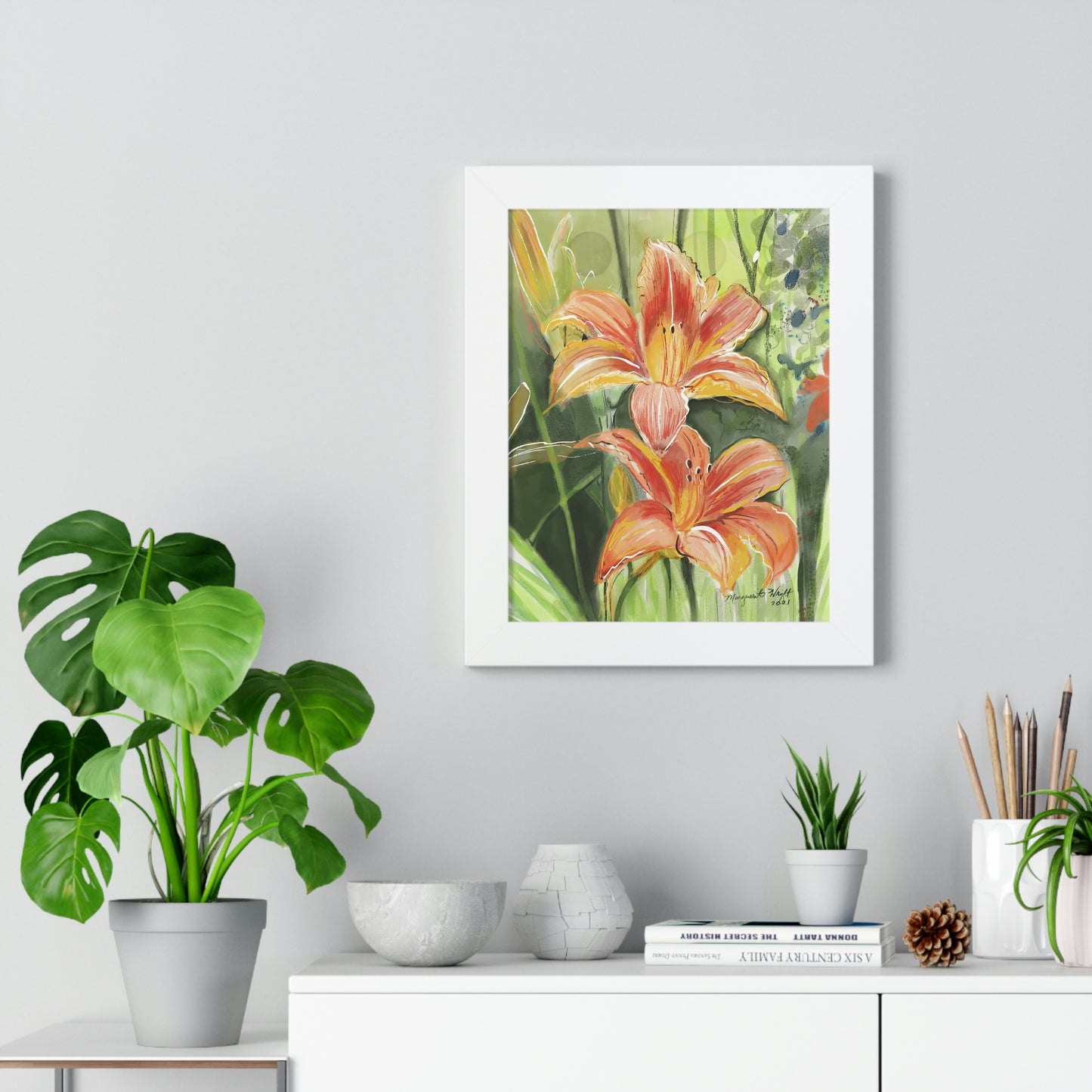 Framed Vertical Poster - Orange field of flowers